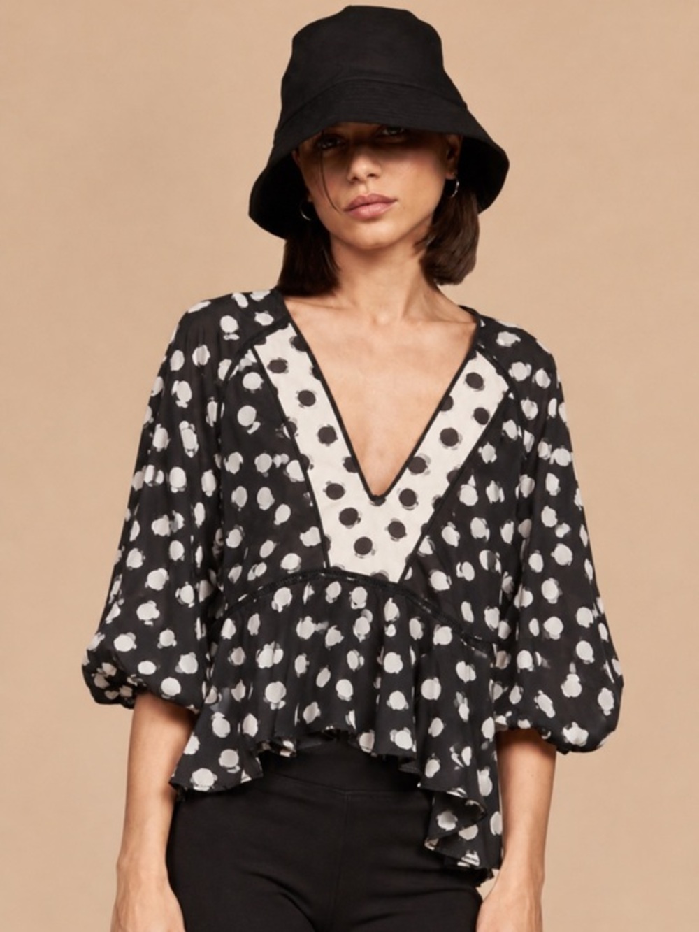 Hunter Bell Blouse Grayson 3/4 Balloon Sleeve in Black White Abstract Polka Dot